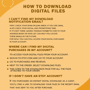 May include: A yellow and white graphic with instructions on how to download digital files from Etsy. The text includes "I can't find my download notification email?" and "Where can I find my digital purchases in my account?"