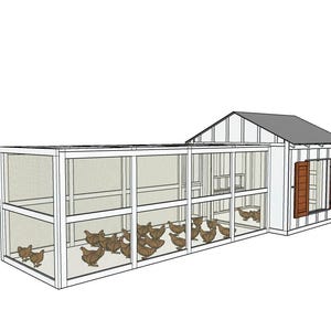 K&ouml;nnte beinhalten: Ein wei&szlig;er H&uuml;hnerstall aus Holz mit einem gro&szlig;en, geschlossenen Auslauf. Der Stall hat ein Satteldach und braune Fensterl&auml;den. Der Auslauf ist mit braunen H&uuml;hnern gef&uuml;llt.