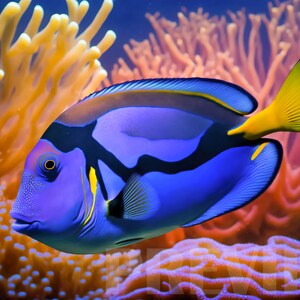 May include: A blue and yellow fish with black markings swims in a coral reef. The fish has a long, pointed snout and a yellow tail fin.