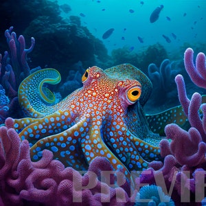 May include: A vibrant blue and orange octopus with white spots camouflages itself amongst purple and blue coral in a deep blue ocean.