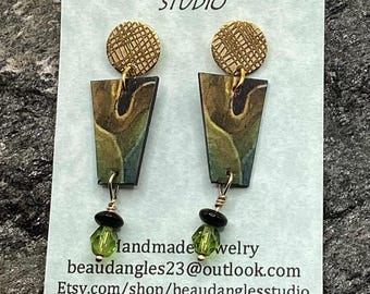 Kolczyki wiszące, lekko artystyczne, zielono-brązowe i czarne, wyjątkowe