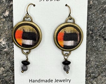 Czarno-pomarańczowo-białe, wyjątkowe, jedyne w swoim rodzaju, artystyczne, wiszące kolczyki