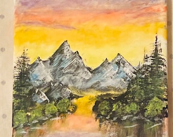 Pintura acrílica inspirada en Bob Ross original (Gray Mountain)