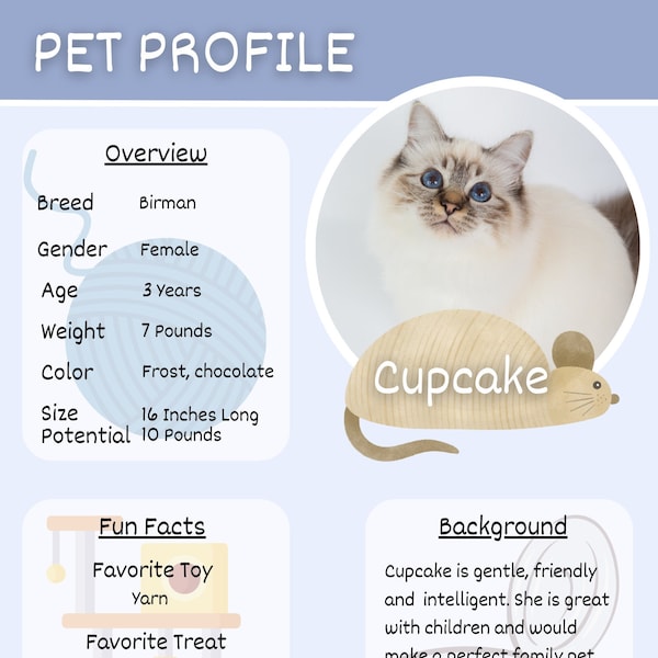 Cat Adoption Fact Sheet Canva Template, animal shelter, pet adoption, pet profile, foster cat bio, animal rescue, flyer, kitten