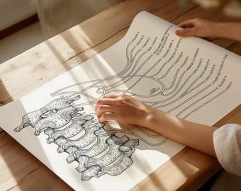 May include: Anatomy chart of the cervical spine, featuring detailed black and white illustrations of vertebrae and nerve pathways. The chart is printed on a cream-colored paper, displayed on a wooden surface.