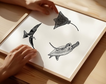 Rarotonga Animals Hand Drawing | Sea Turtle, Eagle Ray, Frigate Bird (Digital File)