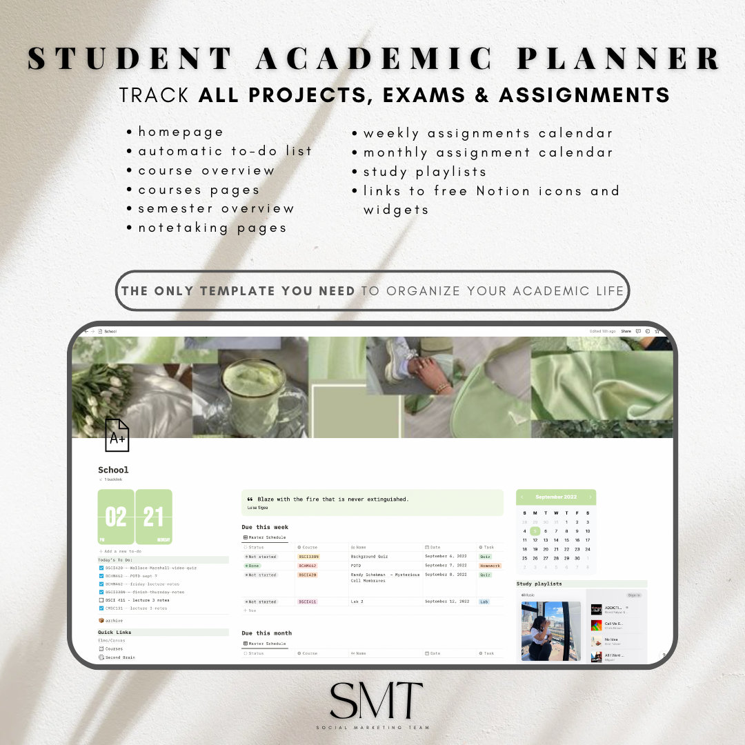 Notion Template Student Planner Academic Planner, School Planner for Notion Study Notion Planner