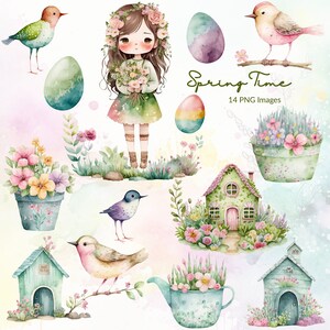 Acuarela Primavera Clipart, Cute Girl Clipart, Cute Spring Clipart, Jardinería Clipart, Acuarela Flores Clipart, Uso Comercial