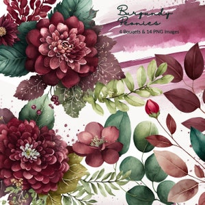 Aquarelle Bourgogne Fleurs Clipart, Pivoines Clipart, Aquarelle Clipart, Aquarelle Bouquets, Clipart, Usage Commercial