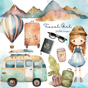 Watercolor Travel Clipart, Watercolor Travel Kit, Travel Girl Clipart, Watercolor Travel Set, Travel Clipart PNG, Commercial Use