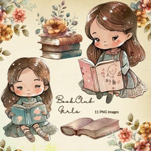 Aquarell Buch Club Clipart, süßes Mädchen Clipart, Clipart Mädchen mit Büchern, Buch Clipart, Clipart kleines Mädchen, kommerzielle Nutzung