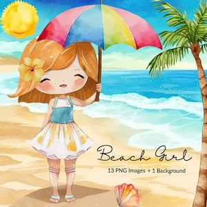 Watercolor Beach Girl Clipart, Watercolor Summer Clipart, Girl Clipart, Watercolor Summer Beach Clipart, Beach PNG, Vacation, Commercial Use