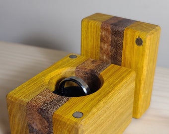 Handmade, exotic woods, natural colors, ring box.