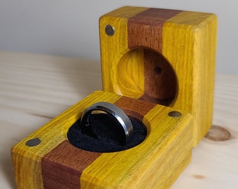Handmade, exotic woods, natural colors, ring box.