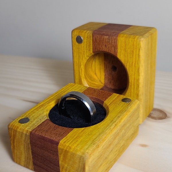 Handmade, exotic woods, natural colors, ring box.