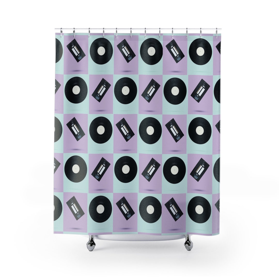 Retro 80s Shower Curtain Dive Into Nostalgia: Vibrant Records and Cassettes for a Stylish Blast ...