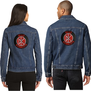 May include: Two denim jackets with a black and red embroidered patch on the back. The patch features the text "Dead Kennedys" and a red symbol.