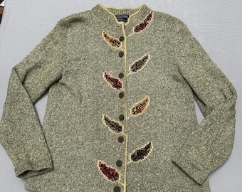 Schwere Herbstblätter Button Up Damen Strickjacke Hand Loomed - M
