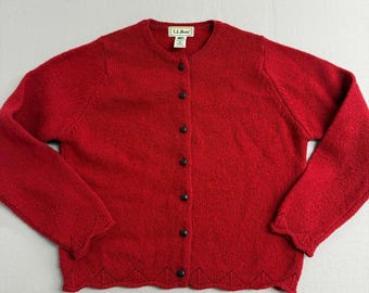 Vintage L.L. Bean Damen Rote Strickjacke 100% Wolle Schottland - M