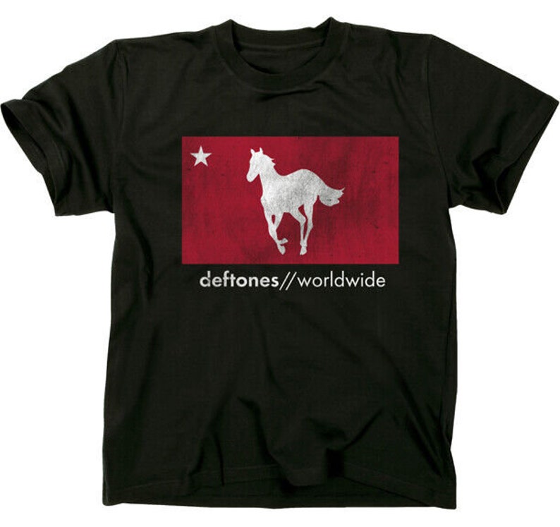 May include: Black t-shirt with a white silhouette of a running horse on a red background. The text "deftones//worldwide" is printed below the image.