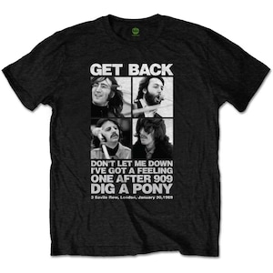 Puede incluir: Camiseta negra con una impresión blanca de los miembros de la banda de los Beatles. El texto dice "Get Back", "Don't Let Me Down", "I've Got A Feeling", "One After 909", "Dig A Pony" y "3 Savile Row, London, January 30, 1969".