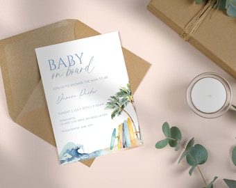 Baby on Board Invitation, Surf Beach Baby Shower Editable Invitation Template, Summer Baby Shower, Printable Invite, Surfer, Canva Template