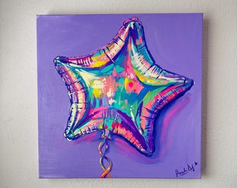 Estrella Prisma ~ Globo de Papel Iridiscente Obra de Arte Original ~ Pintura Acrílica Lienzo Montado en Borde de Galería de 40x40 cm