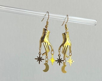 Gouden boho-vingeroorbel, gouden boho-handoorbel, maan- en steroorbel, sprookjeshandoorbel, sprankelende handoorbel, cadeau voor haar