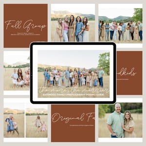Op de afbeelding: Een digitale gids voor het poseren voor uitgebreide familiefotografie, met de titel "the more, the merrier" en een foto van een grote familie in een veld.
