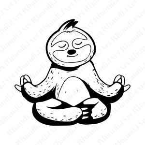 May include: A black and white line drawing of a sloth sitting in a yoga pose with its eyes closed.
