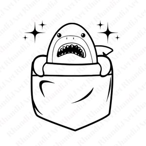 May include: A black and white line drawing of a shark peeking out of a pocket. The shark has a toothy grin and is surrounded by two stars.