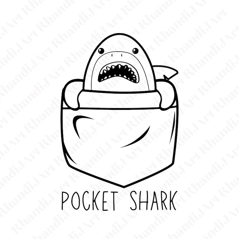 May include: A black and white line drawing of a shark in a pocket with the text "POCKET SHARK" below.