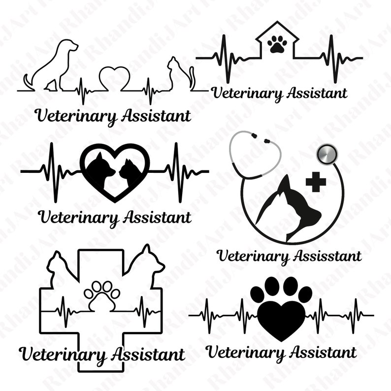 Peut inclure: Cinq illustrations vectorielles en noir et blanc de diff&eacute;rents designs pour un assistant v&eacute;t&eacute;rinaire. Les designs comprennent un chien, un chat, un c&oelig;ur, un st&eacute;thoscope, une croix et une empreinte de patte. Chaque design comprend le texte "Assistant v&eacute;t&eacute;rinaire".