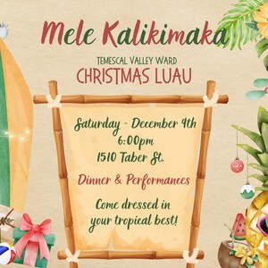 Christmas Luau Party invitation, Mele Kalikimaka, Christmas in Hawaii, Holiday Luau - Needs Canva Pro