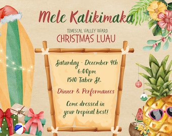 Christmas Luau Party invitation, Mele Kalikimaka, Christmas in Hawaii, Holiday Luau - Needs Canva Pro