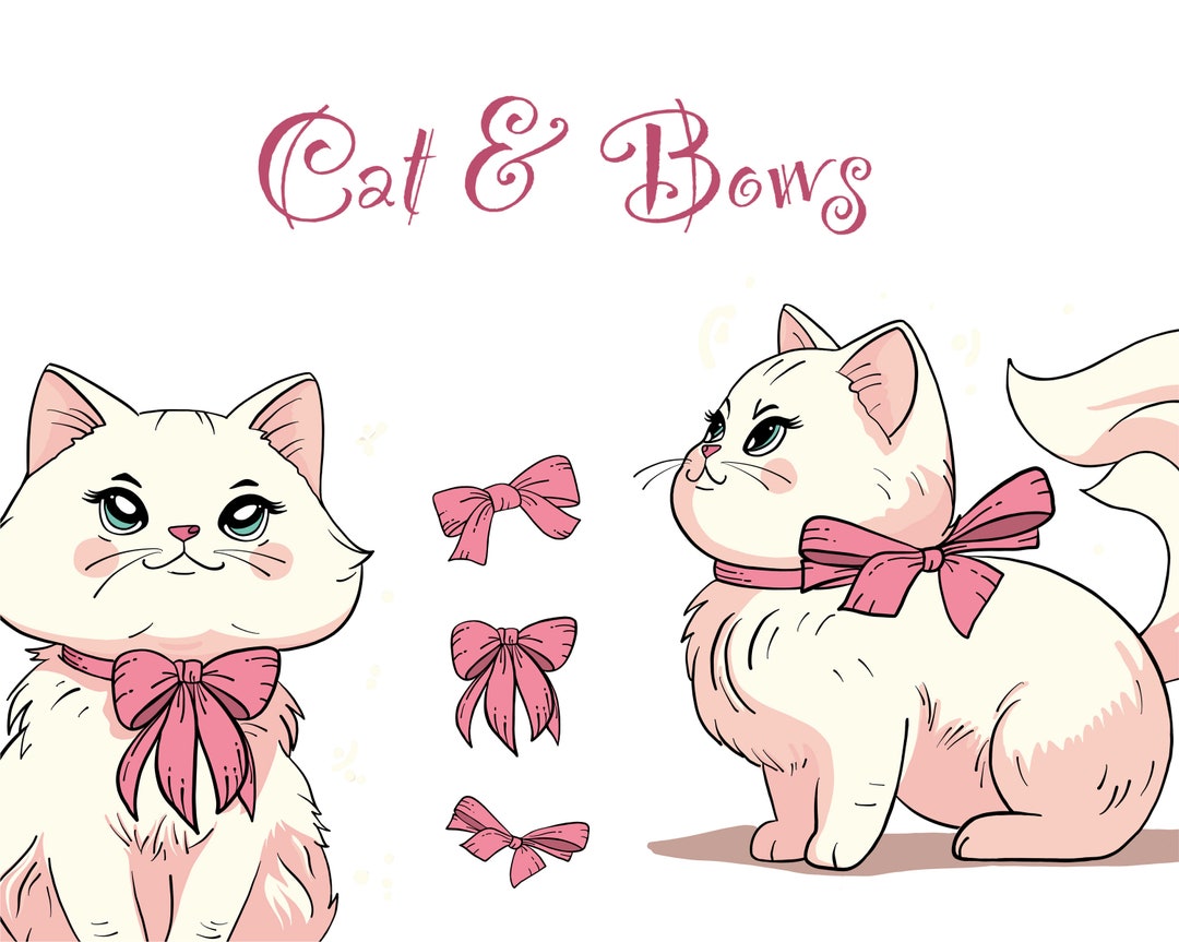 Cute Cat Clipart Illustration White Cat With Pink Bow - Etsy