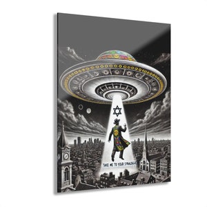 Jewish Man in UFO Acrylic Print | Unique Jewish Art |Modern Jewish Decor | Quirky Judaica Wall Art | Jewish-Themed Acrylic Prints