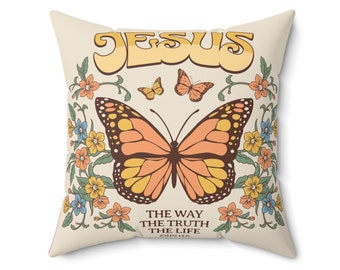 Cojín cristiano personalizado con Jesús y mariposas para decorar el hogar.