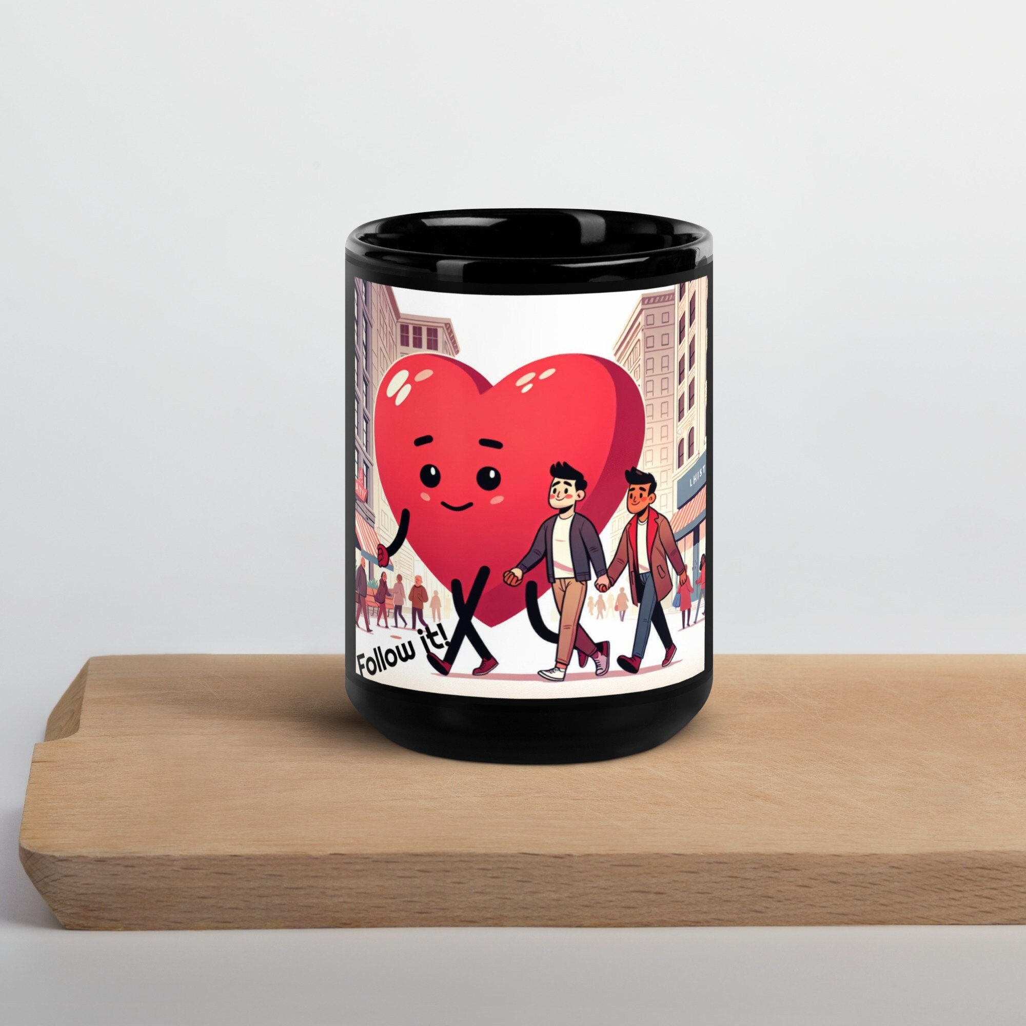 Zwarte glanzende keramische mok Follow Your Heart | Gepersonaliseerde paarkoffiemokken voor hem en haar | Perfect cadeau voor liefde en vriendschap