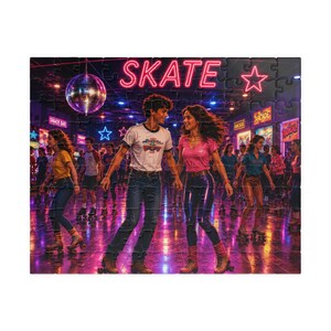 May include: A jigsaw puzzle depicting a roller skating rink scene with a neon sign reading SKATE. The image features two central figures in 1980s attire, surrounded by other skaters under a disco ball, with vibrant pink and blue neon lighting.