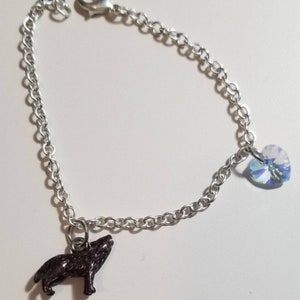May include: A silver chain bracelet with a wolf charm and a blue crystal heart charm.