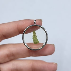 May include: A silver pendant with a clear resin circle containing a pressed green fern leaf.