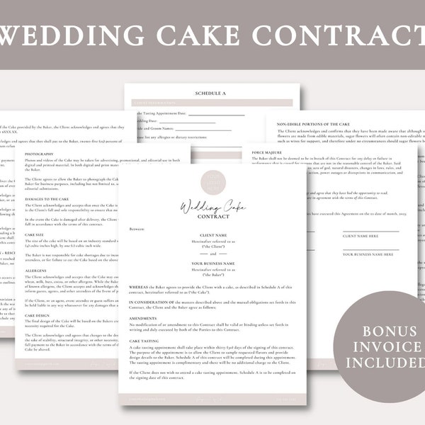 Editable Wedding Cake Contract Template | Wedding Cake Contract | Wedding Cake Order Form | Bakery Forms | Wedding Cake Agreement | Canva