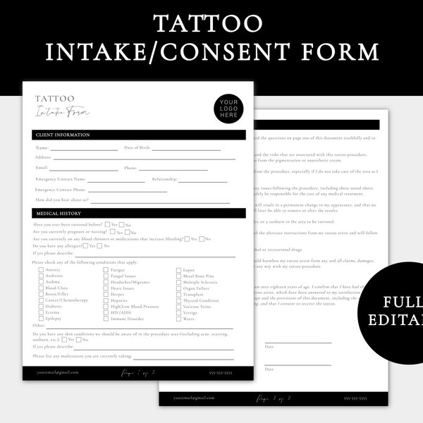 Formulario de admisión de tatuajes / Formulario de consentimiento para tatuajes / Formularios para artistas del tatuaje / Formularios comerciales para tatuajes / Formularios de consentimiento editables / Formulario de consentimiento y responsabilidad