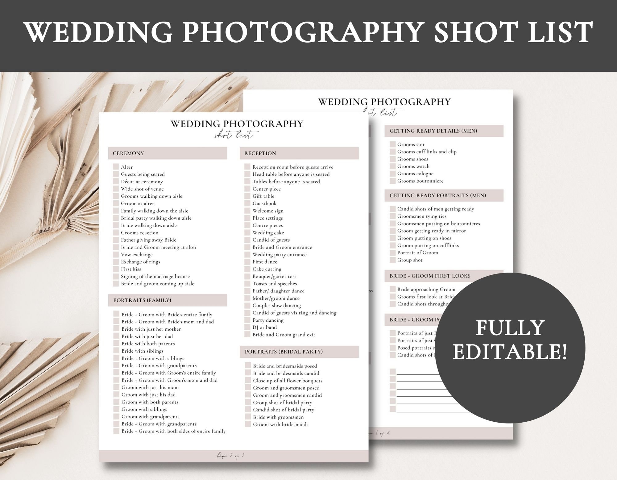 Lista de tomas de fotografía de bodas / Lista de tomas de fotógrafos de bodas / Lista de verificación de fotos de boda editables / Lista de verificación de bodas para fotógrafos