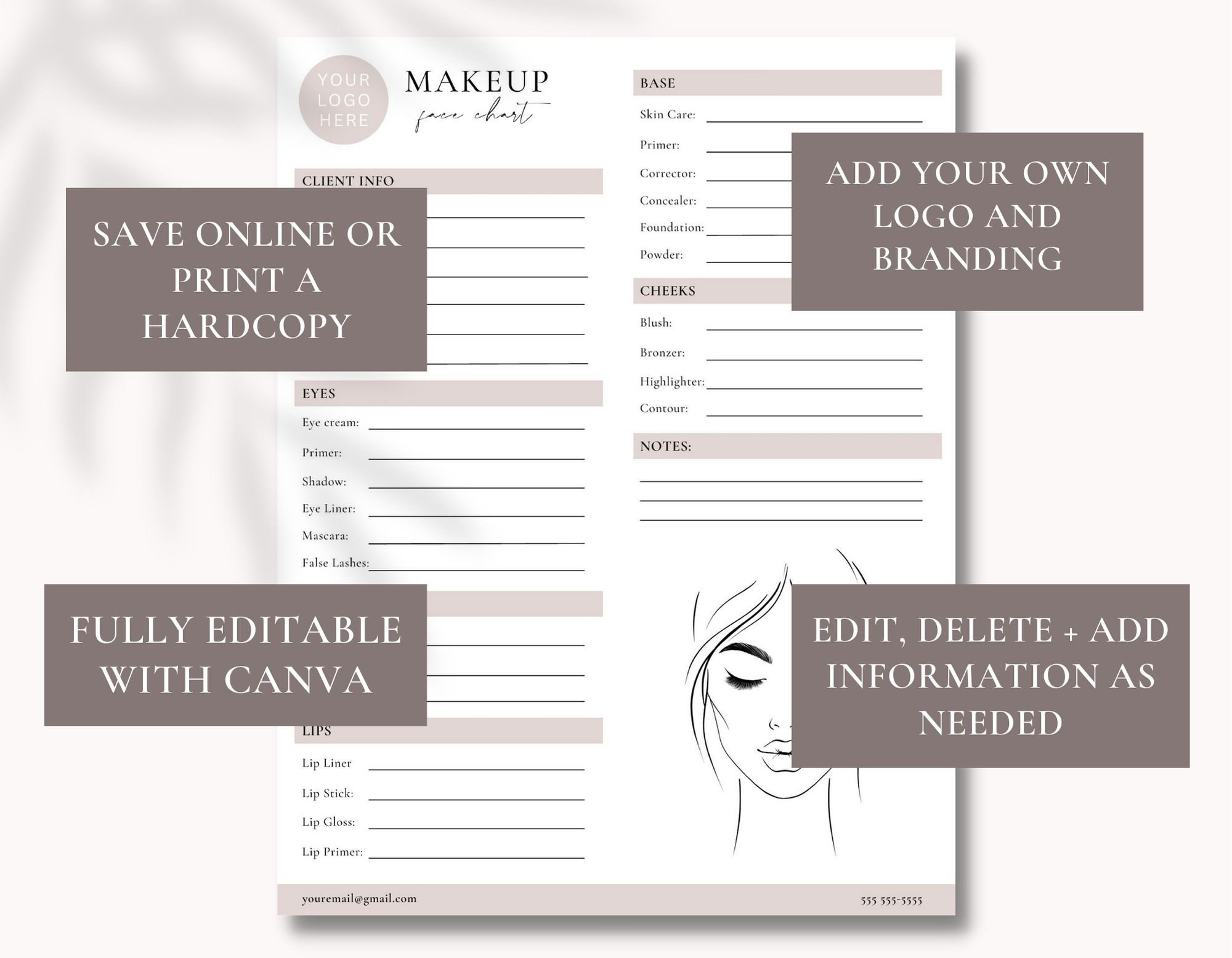 Editable Makeup Face Chart Makeup Artist Template Makeup - Etsy Canada