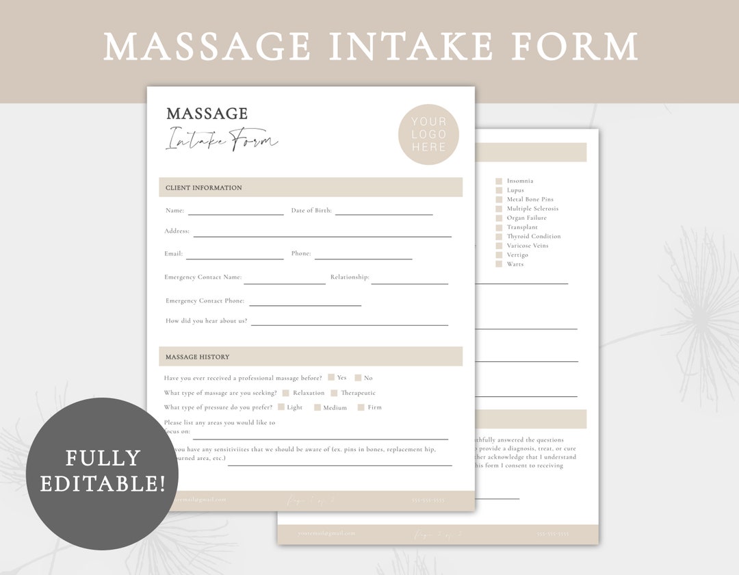Massage Client Intake Form Editable Client Intake Form - Etsy