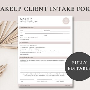 Formulario de admisión de cliente de maquillador / Formulario de cliente de maquillaje / Formulario de artista de maquillaje / Formulario de cliente editable / Plantilla de formulario de maquillaje / Formulario de maquillaje Canva