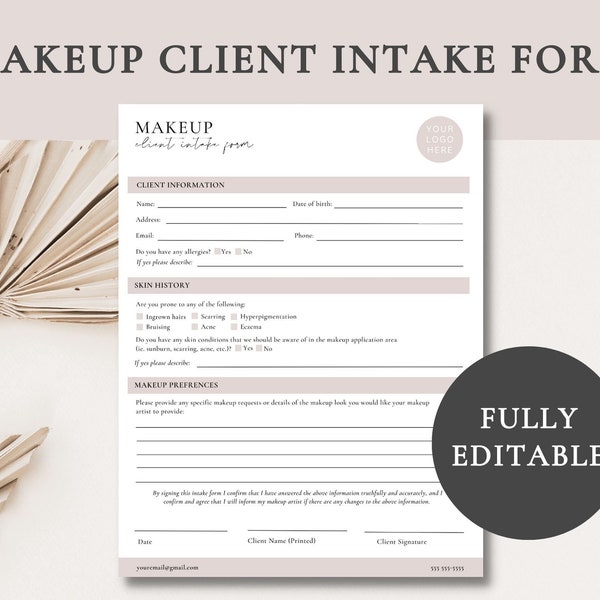 Makeup Artist Client Intake Form | Makeup Client Form | Makeup Artist Form | Editable Client Form | Makeup Form Template | Canva Makeup Form