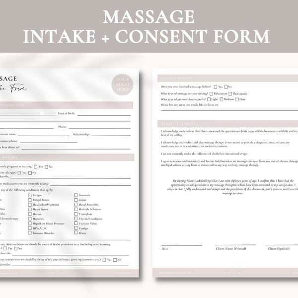Massage Client Intake Form | Bearbeitbares Kundenaufnahmeformular | Massage Client | Massage Therapeut Form | Massage Vertrag | Bearbeitbares Aufnahmeformular